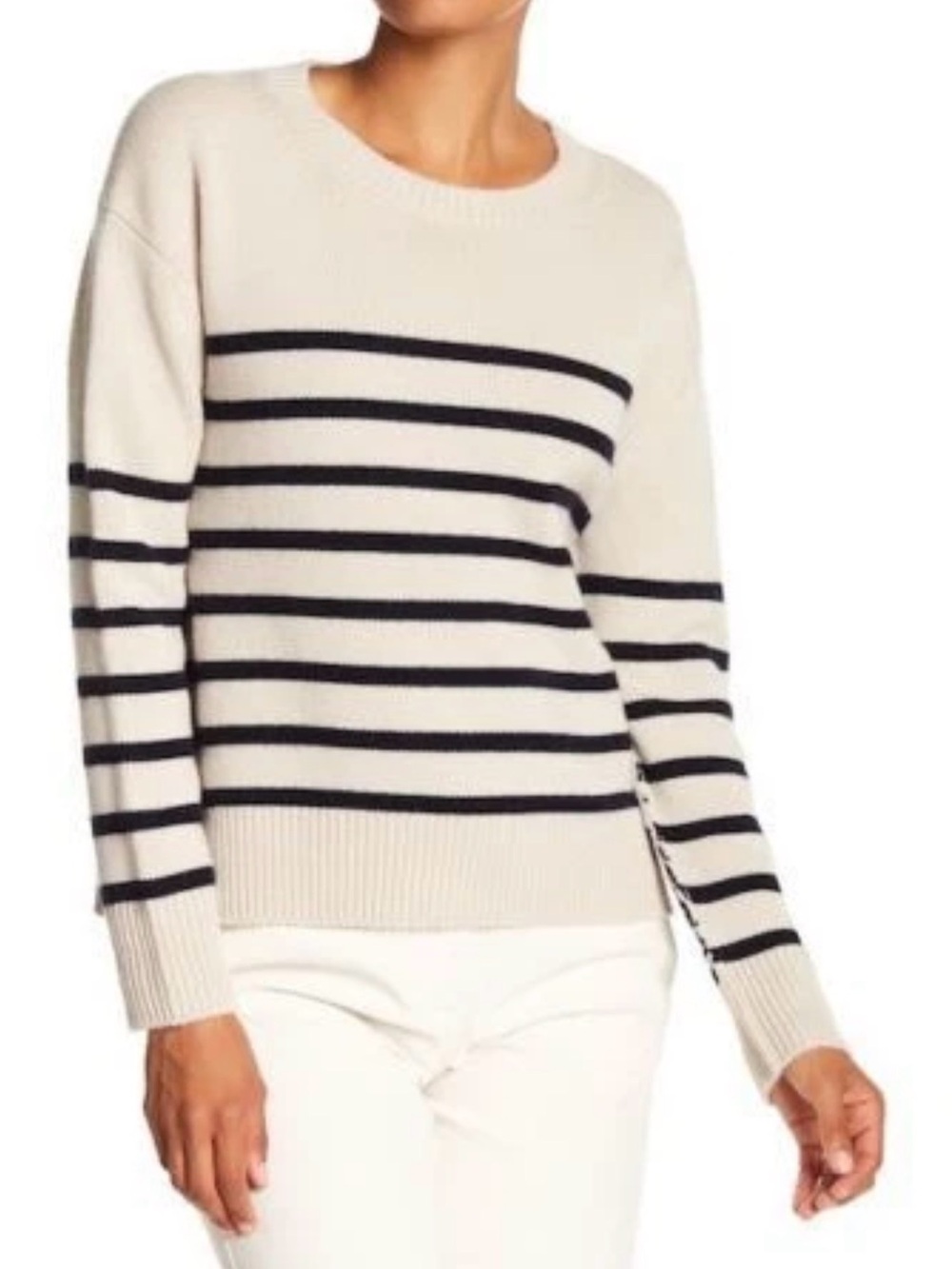 Vince Cream Crewneck Sweater with Black Stripes size xs 100% cashmere boxy